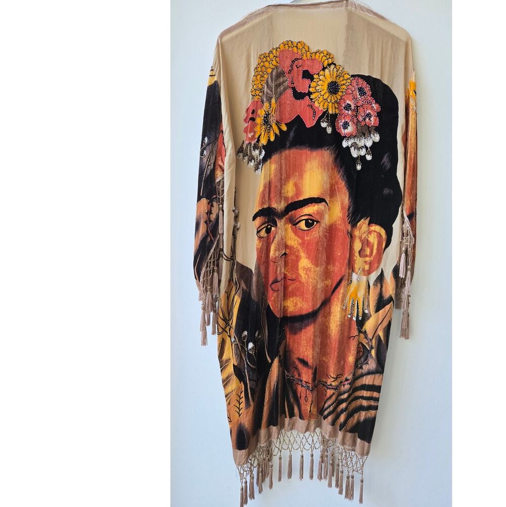 Frida Kahlo Vintage Silk Velvet Beaded Long Duster Kimono Cinco de Mayo One Size